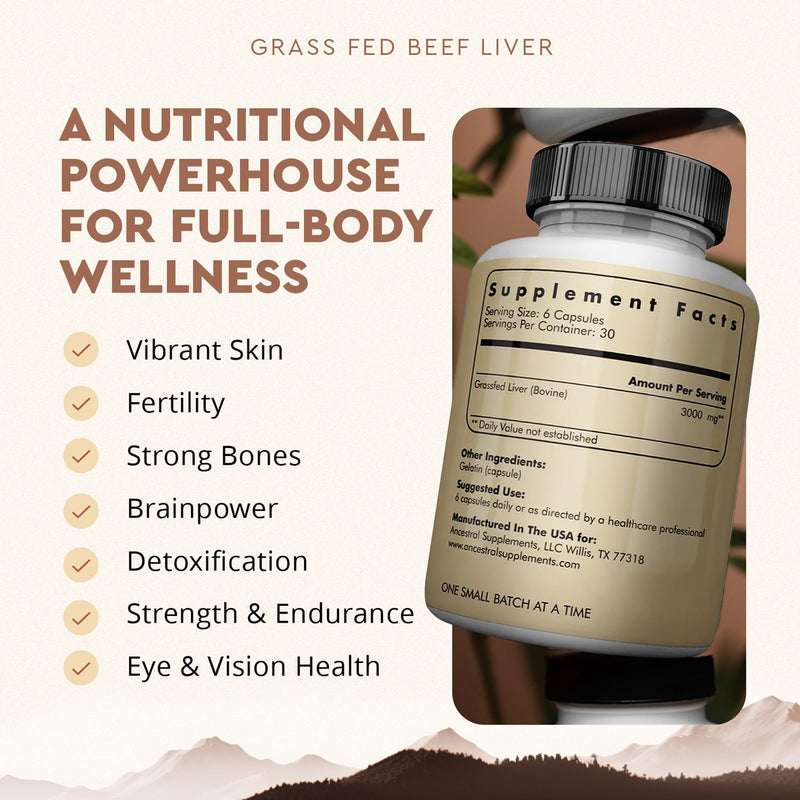 Ancestral Supplements Grass Fed Beef Liver 180 Capsules | Energy, Detox, Digestion, Immunity