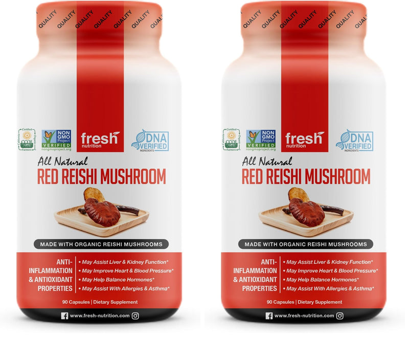 Fresh Nutrition Organic Reishi Mushroom Capsules – Alpha-Glucan Rich Ganoderma Lucidum, 1500mg Serving, Third-Party Tested – 90 Veggie Caps (Pack of 2)