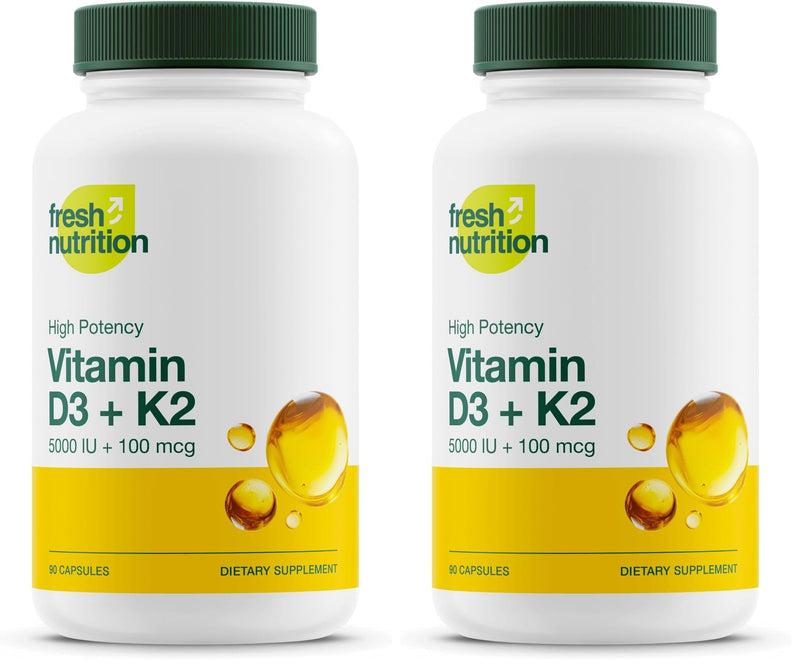 Fresh Nutrition Vegan Vitamin D3 + K2 Capsules – 5000 IU D3 + 100 mcg K2 MK-7 (Pack of 2)