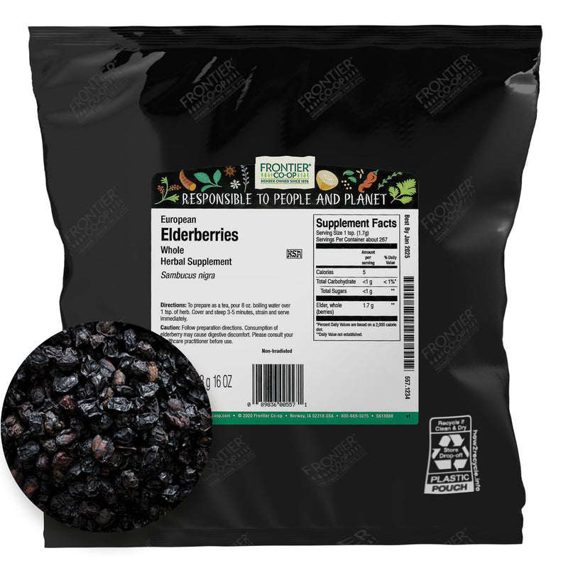 Frontier Co-op Dried Elderberries, European Whole – Non-GMO, Kosher, 16 oz x 4