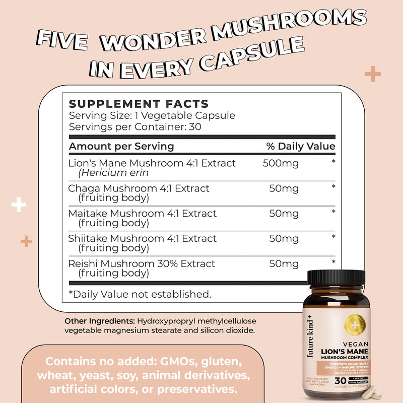 Future Kind Vegan Lion’s Mane Mushroom Complex – Brain Support with Chaga, Reishi, Maitake & Shiitake (30ct) | Memory & Focus