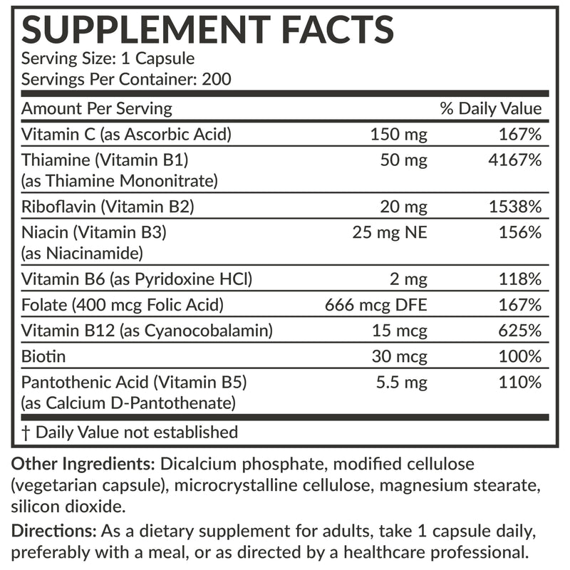 Futurebiotics Vitamin B Complex with Vitamin C - Non-GMO, 200 Veg Capsules | Energy & Immune Support