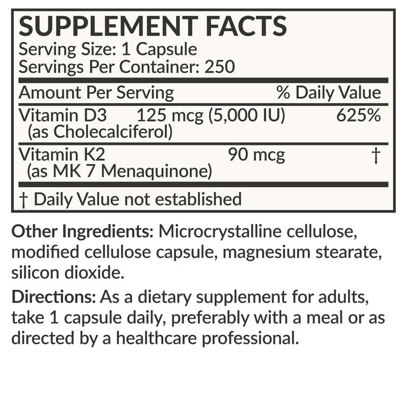 Futurebiotics Vitamin K2 (MK7) with D3 – Non-GMO, 5000 IU D3 & 90 mcg MK-7, 2-Pack (250 Veg Capsules per Bottle)