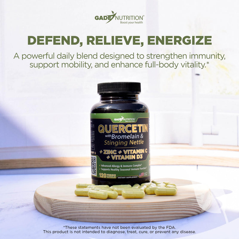 GADE NUTRITION Quercetin 500mg with Vitamin C, Zinc & Stinging Nettle – 360 Veggie Caps, 6 Month Supply