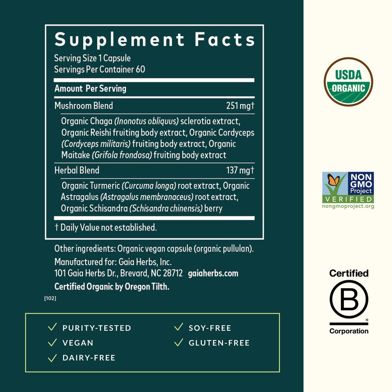 Gaia Herbs Everyday Immune Mushrooms & Herbs — Immune Support (60 Vegan Capsules)