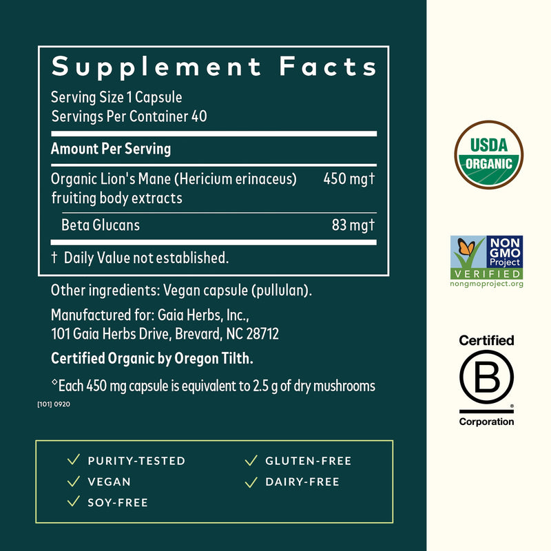 Gaia Herbs Lion’s Mane Mushroom – Brain & Nerve Health Support* | 40 Vegan Capsules