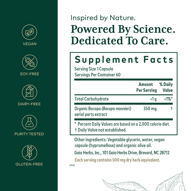 GAIA HERBS PRO Bacopa – Brain Health & Nootropic Support – 60 Liquid Phyto-Caps (30 Servings)