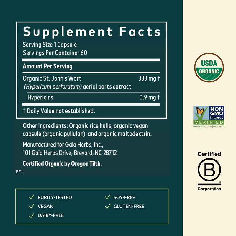 Gaia Herbs St. John's Wort - Stress Support Supplement* - 60 Vegan Capsules (20-Day Supply)
