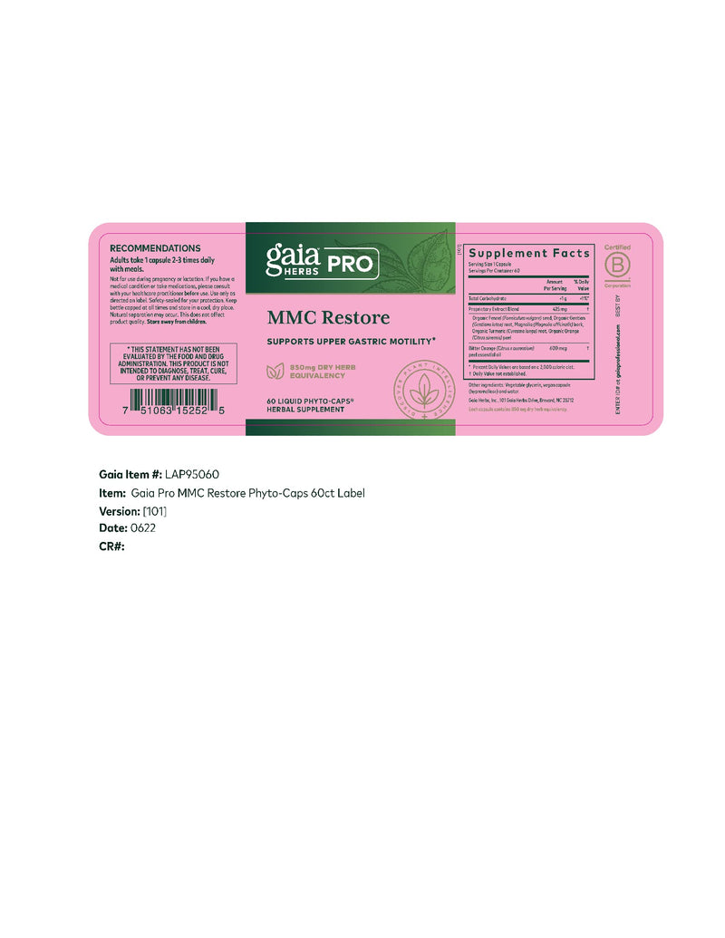 GAIA HERBS PRO MMC Restore – Digestive Health Support for Upper Gastric Motility (60 Servings)