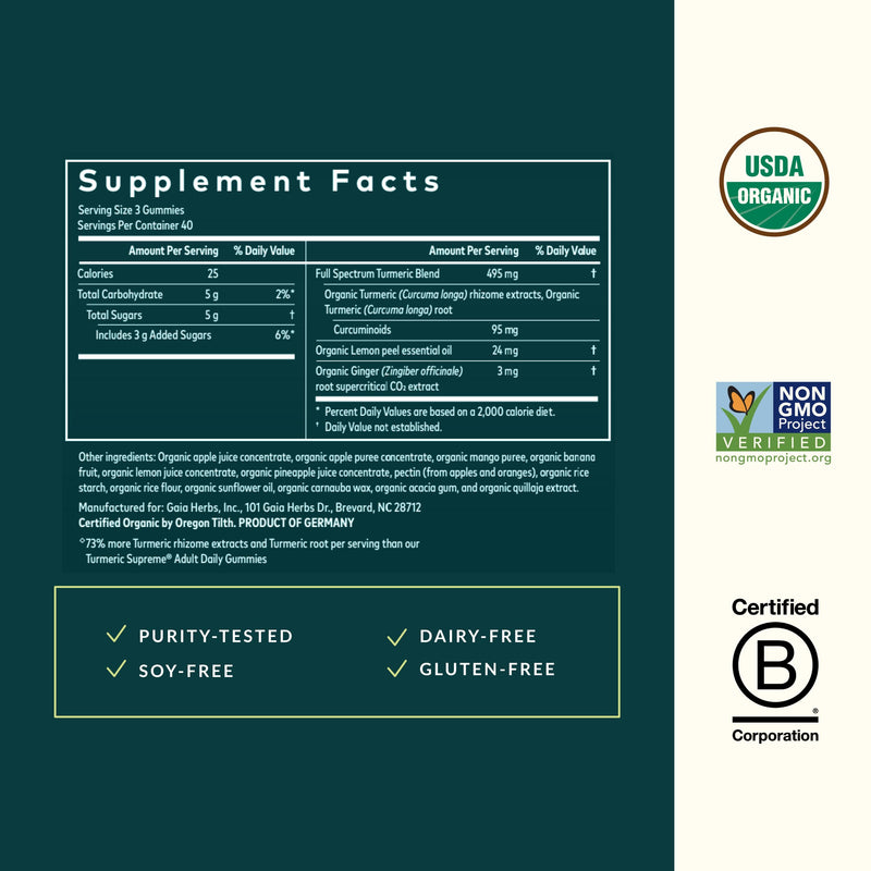Gaia Herbs Turmeric Supreme Extra Strength Gummies – Swelling Relief, Lemon Ginger, 120 Vegan Organic Gummies