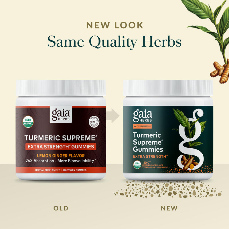 Gaia Herbs Turmeric Supreme Extra Strength Gummies – Swelling Relief, Lemon Ginger, 120 Vegan Organic Gummies