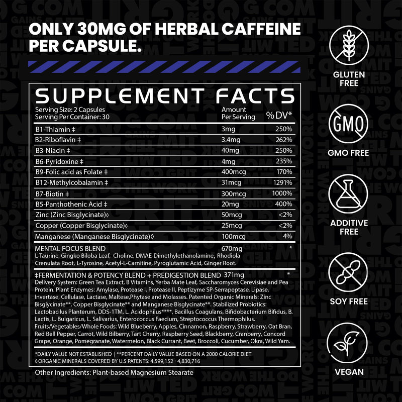Gains in Bulk Elevated Nootropic – Herbal Energy, Ginkgo Biloba, B Vitamins, DMAE | Vegan, 60 Caps