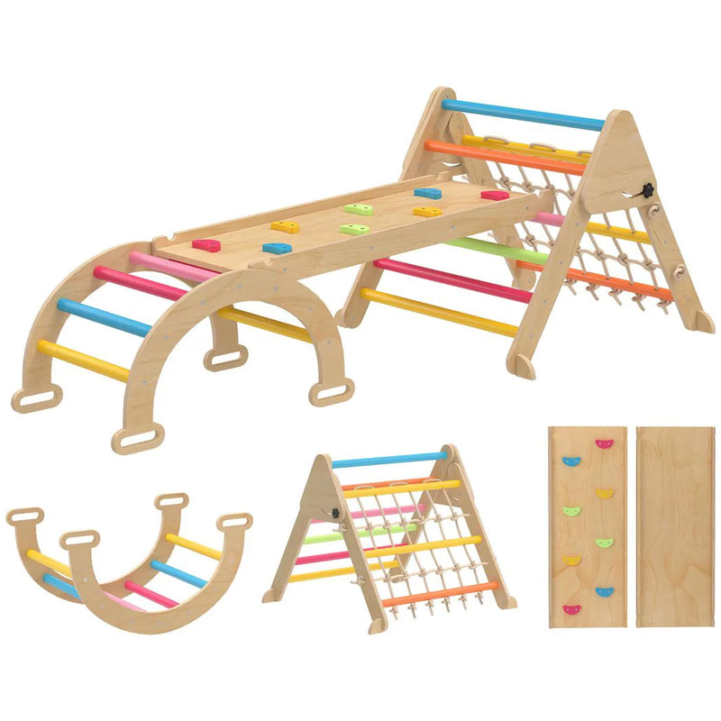 AIYAPLAY 8-in-1 Toddler Climbing Frame, Indoor Play Triangle Set with Slide, Arch and Triangle Ladder, Multicolour