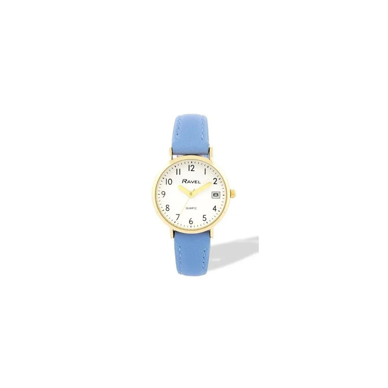 Ravel Ladies Basic Golden case Dated White Dial With Blue Faux Leather Strap Watch