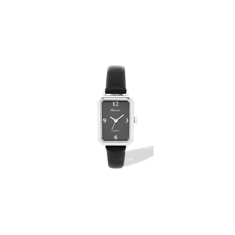 Ravel Ladies Fashion Rectangular Silver Case Dial with Black Leather Strap Watch
