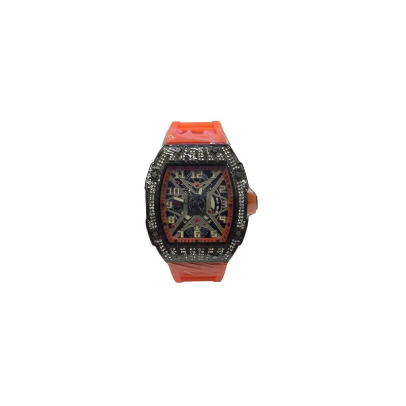 New Rubber Gents Black Bling Fashion Quartz Movement Skeleton Clear Dial Orange Rubber Strap Watch