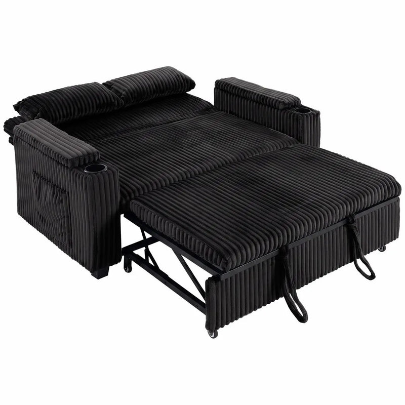 HOMCOM 2 Seater Sofa Bed, Pull Out Sleeper Sofa w/ Adjustable Backrest, Storage Armrests, Cup Holders, Side Pockets, Black