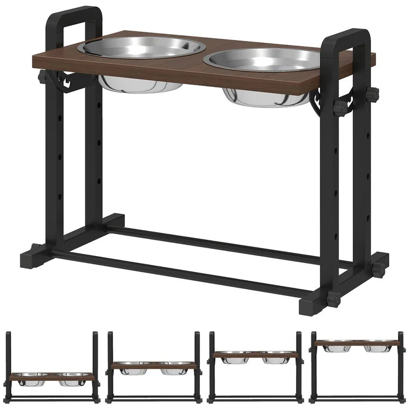PawHut Raised Dog Bowls with Stand, 4 Heights Adjustable Pet Feeder with 3 Adjustable Angles for Small, Medium & Large Breeds, Brown