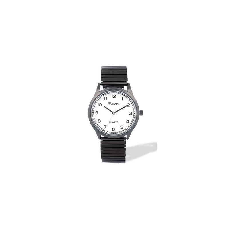 Ravel Mens Basic Easy Read Minute Track on White Dial Black Stainless Steel Expander Bracelet Watch