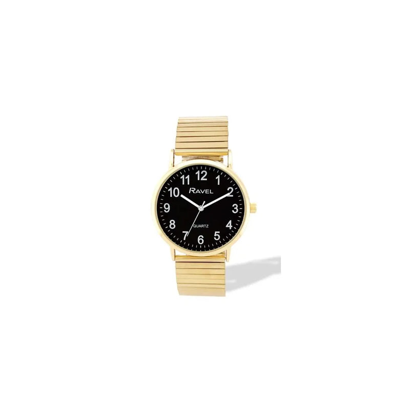 Ravel Mens Basic Everyday Black Dial Golden Stainless Steel Expander Bracelet Watch