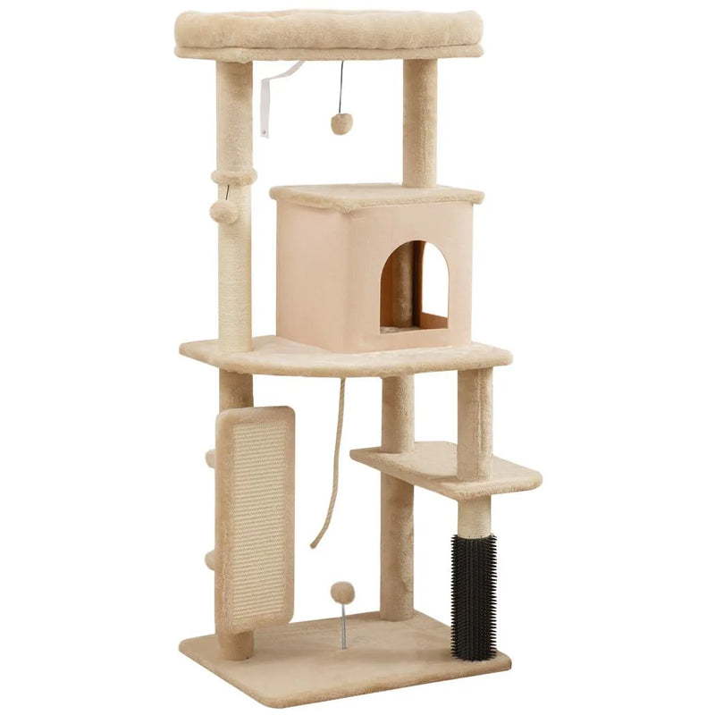 PawHut 132cm Cat Tree w/ Scratching Posts, Pad, Cat Bed, Cat House, Jumping Platform, Grooming Brush, Anti-Tip Kit, Beige