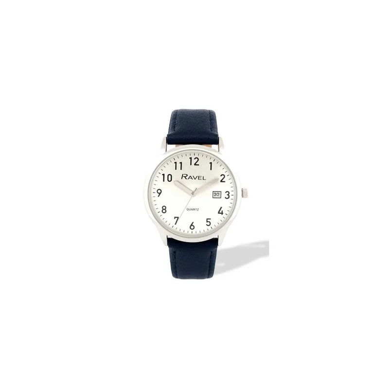Ravel Mens Basic Silver case Dated Silver Dial With Black Faux Leather Strap Watch