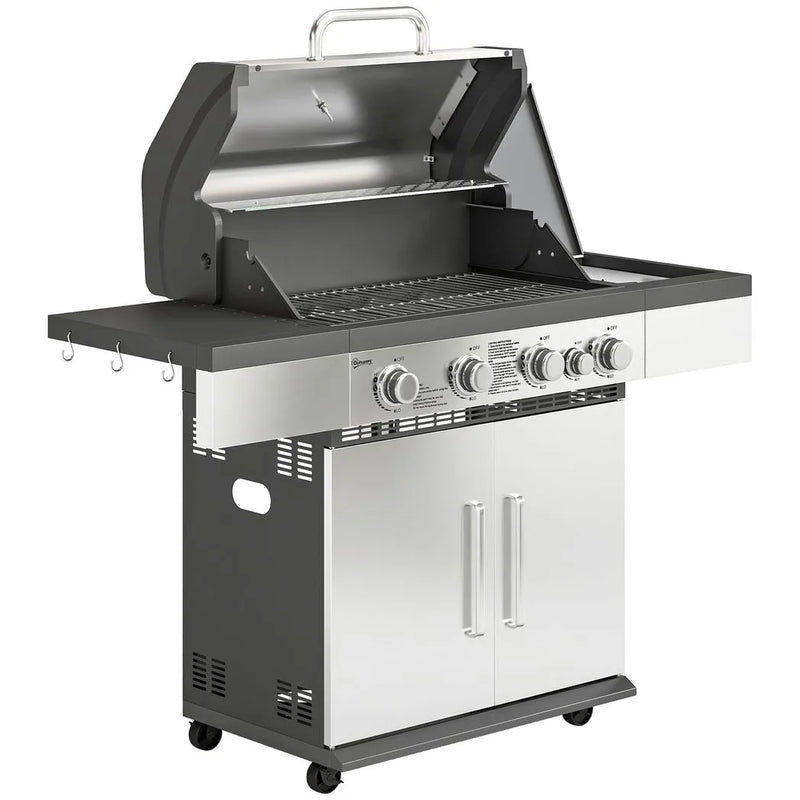 Outsunny 4 Burner Gas BBQ Grill, Portable Gas Barbecue Grill with Side Burner, Warming Rack, Side Shelf, Storage Cabinet