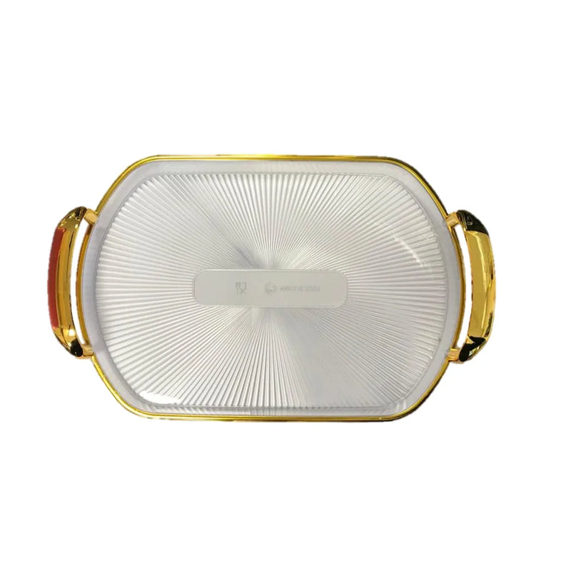 Oval Transparent Plastic Serving Tray With Gold Rim And Handles