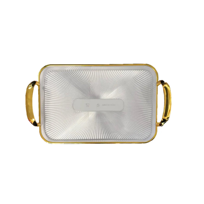 Rectangular Transparent Plastic Serving Tray With Gold Rim And Handles