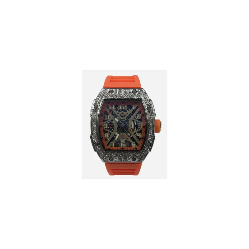 New Rubber Gents Silver Bling Fashion Quartz Movement Skeleton Clear Dial Orange Rubber Strap Watch