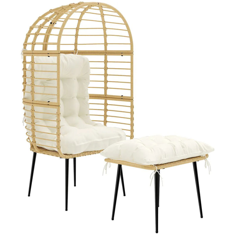 Outsunny Garden Egg Chair with Footstool, Rattan Indoor Outdoor Lounge Chair and Ottoman Set with Thick Cushions, Beige