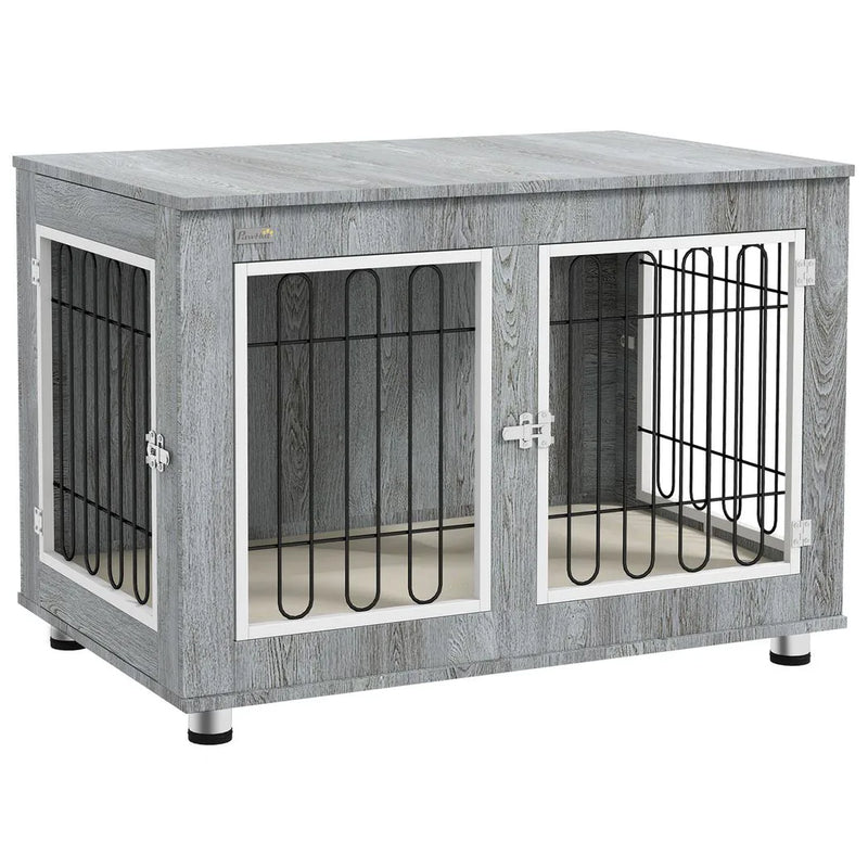 PawHut Dog Crate Furniture End Table, with Washable Cushion, Double Doors, for Medium/Large Dogs, Grey