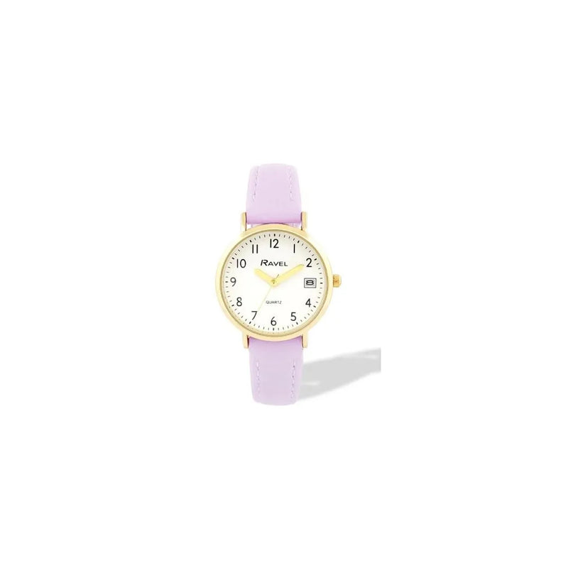 Ravel Ladies Basic Golden case Dated White Dial With Purple Faux Leather Strap Watch