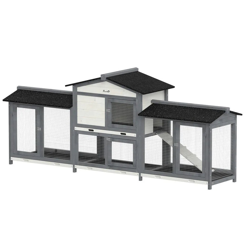 PawHut 2-Tier Large Rabbit Hutch Outdoor with Double Side Run Boxes, No-leak Plastic Tray, Ramp, 230 x 53 x 93.5cm, Light Grey