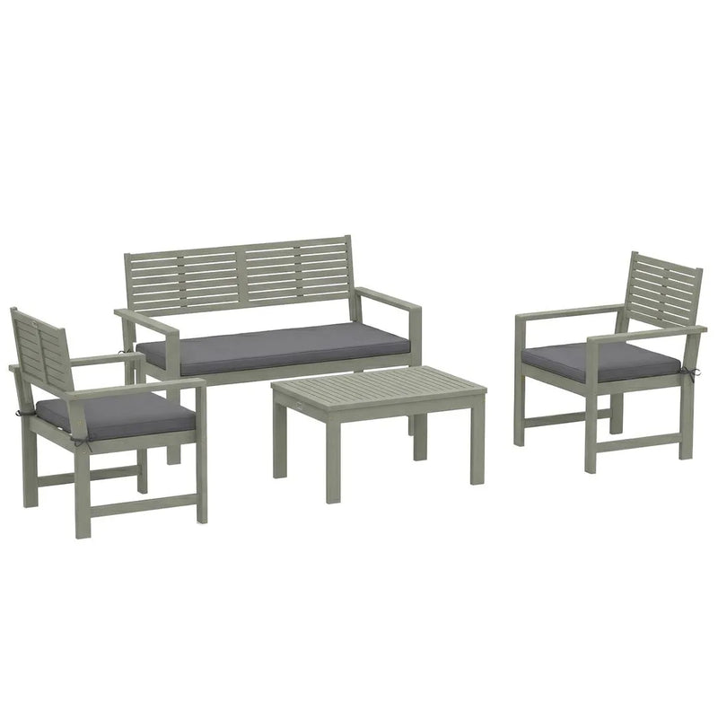 Outsunny 4 Seater Wooden Garden Furniture Set with Loveseat, Armchairs, Table, Acacia Wood Garden Sofa Set, Light Grey