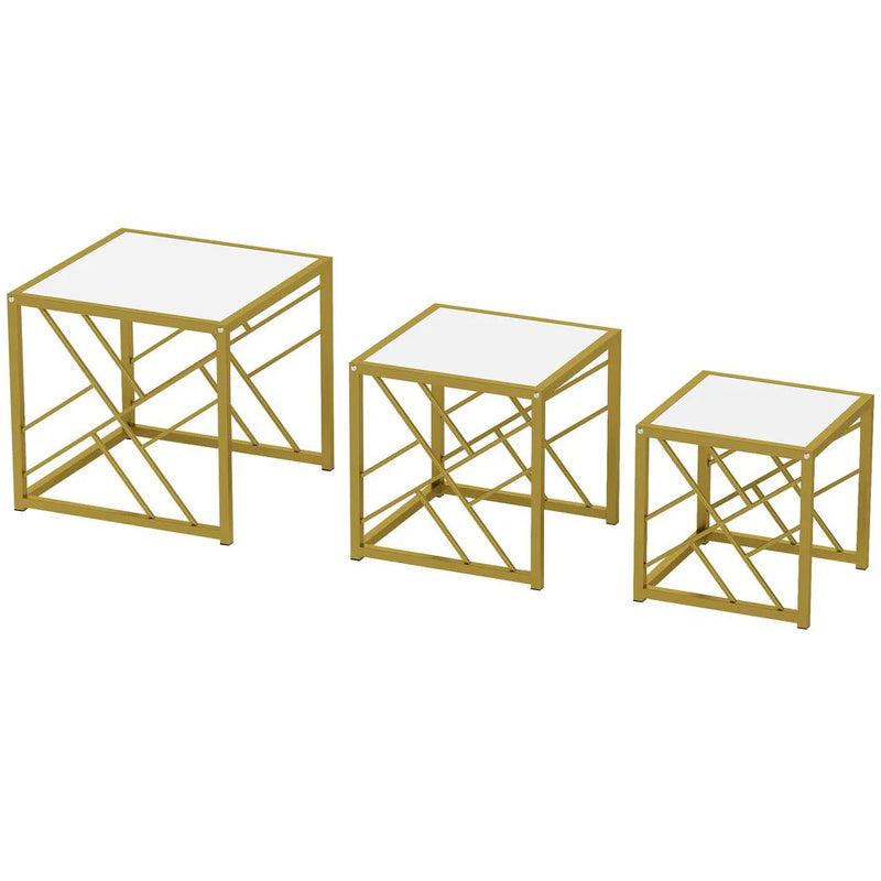 HOMCOM Nesting Coffee Tables, Set of 3 Square Side Tables with Gold Metal Frame, for Living Room, Bedroom and Office, White