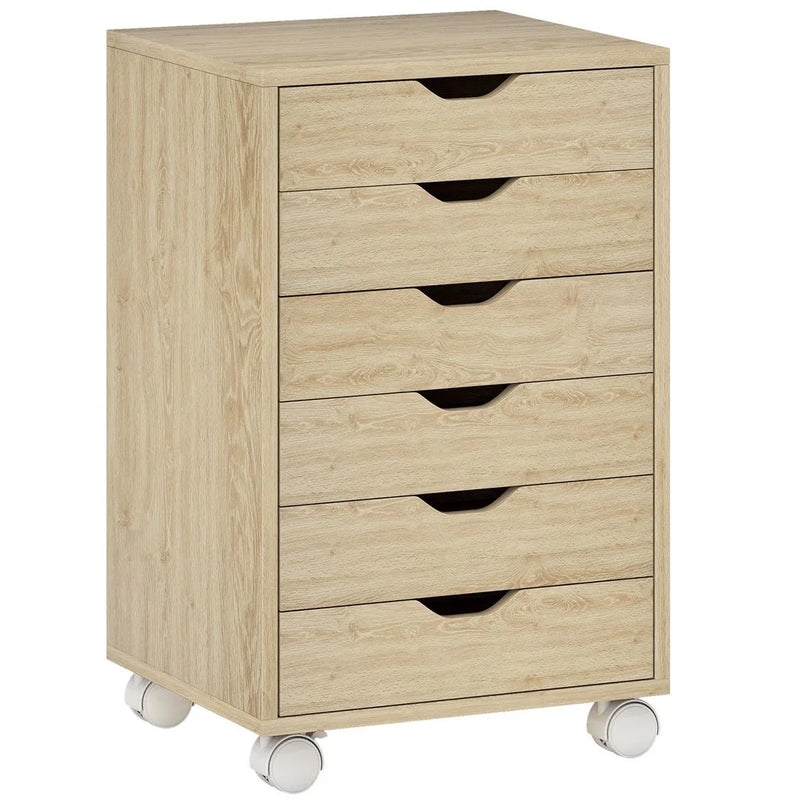 HOMCOM 6 Drawer Vertical File Cabinet, Mobile Filing Cabinet with Quiet Drawers and Wheels with 2 Brakes, Oak Wood Effect