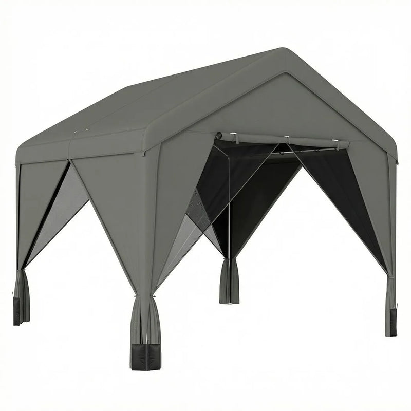 Outsunny 3 x 3 m Patio Gazebo with Netting & Curtains, Outdoor Canopy Shelter with Galvanised Steel Frame, Dark Grey