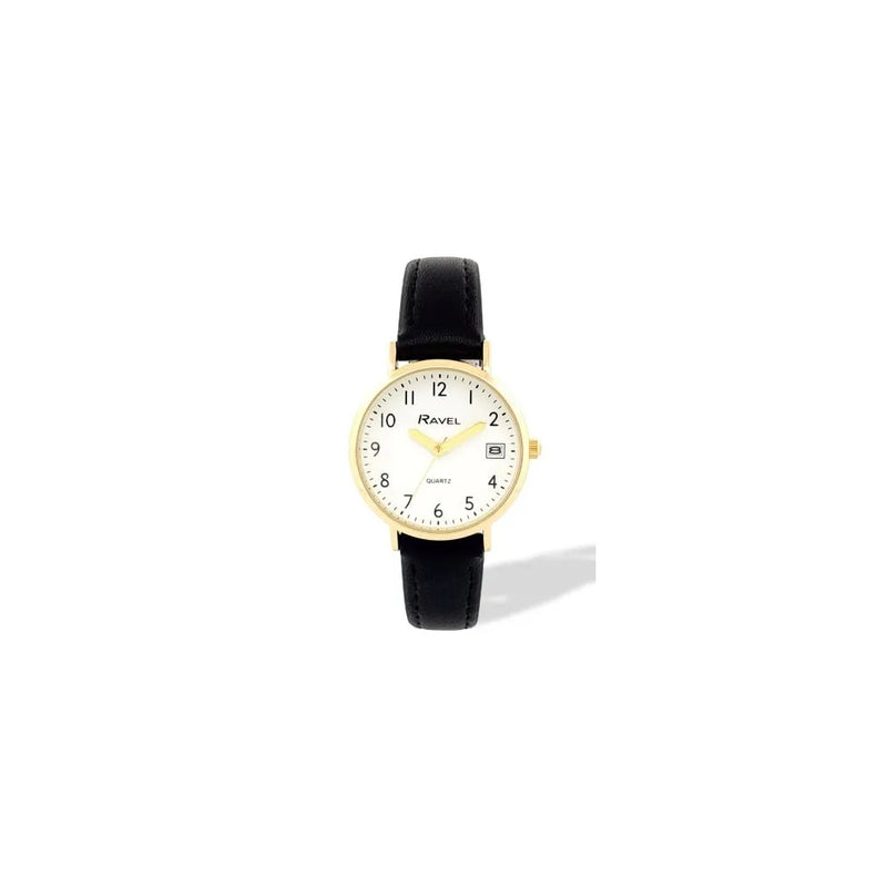 Ravel Ladies Basic Golden case Dated White Dial With Black Faux Leather Strap Watch