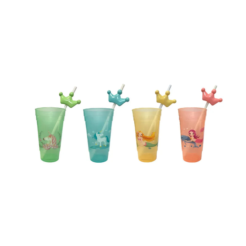 Reusable Plastic Drinking Cup With Straw And Printed Design Assorted Designs