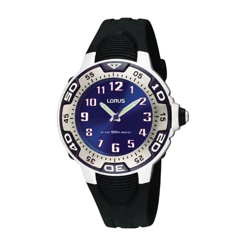 Lorus Boys Sports Analogue Quartz Blue Dial with Black Rubber Strap Watch RG235GX9