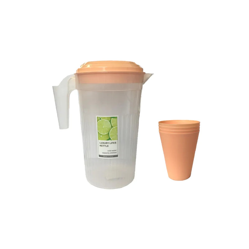 Transparent Plastic Water Juice Pitcher Jug With Cups 2400Ml Assorted Colours