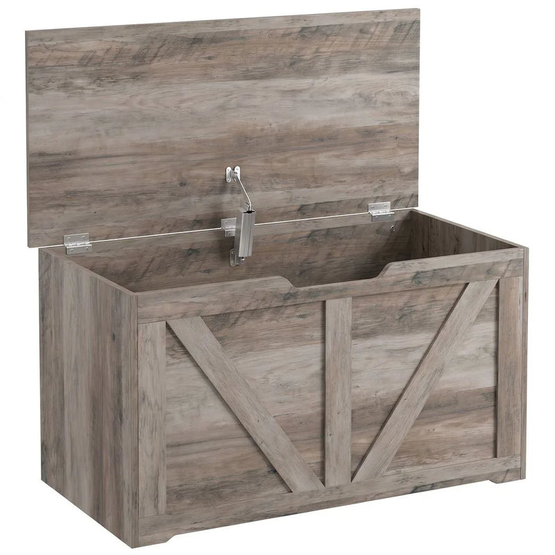 HOMCOM 100L Home Storage Box, with Safety Hinge - Grey Wood-Effect