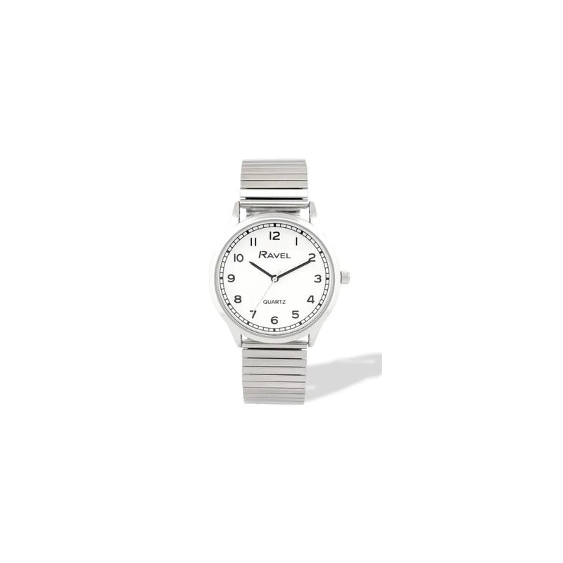 Ravel Mens Basic Easy Read Minute Track on White Dial Silver Stainless Steel Expander Bracelet Watch
