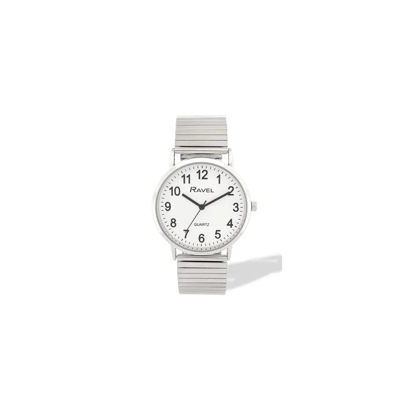 Ravel Mens Basic Everyday White Dial Silver Stainless Steel Expander Bracelet Watch
