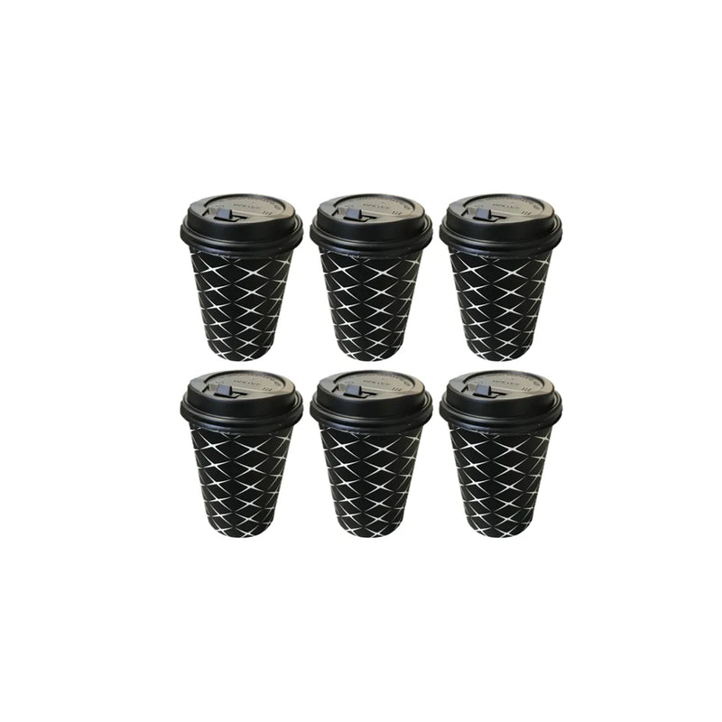 Black Paper Cup With Lid Printed Design 12Oz Pack Of 6 Assorted Designs
