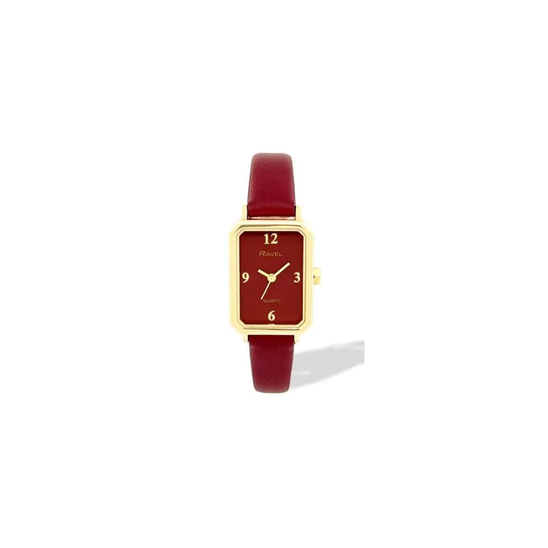 Ravel Ladies Fashion Rectangular Gilt Case Dial with Maroon Leather Strap Watch