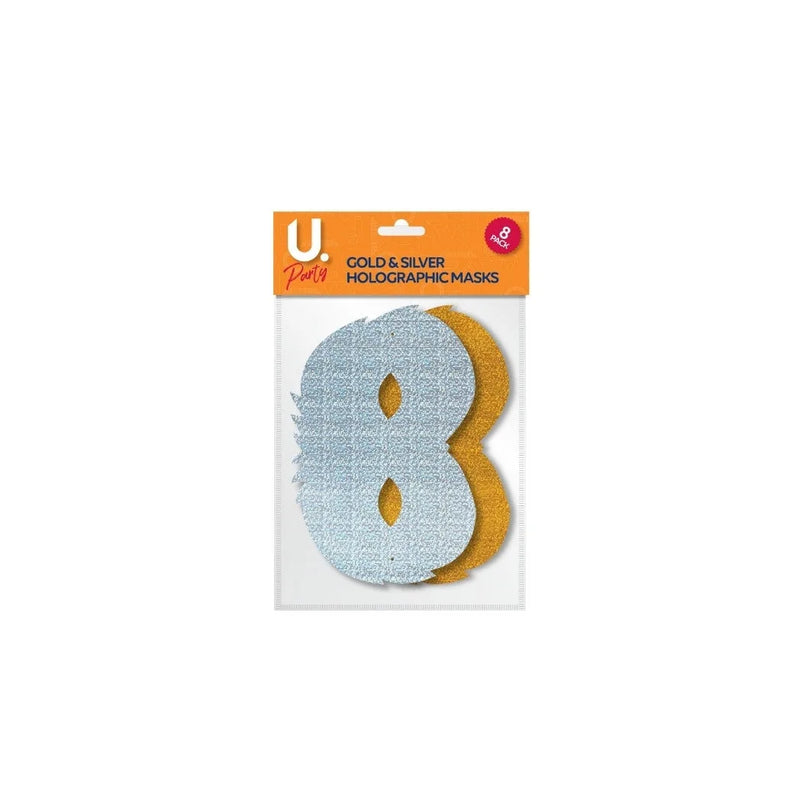Holographic Paper Party Masks Gold And Silver Pack Of 8