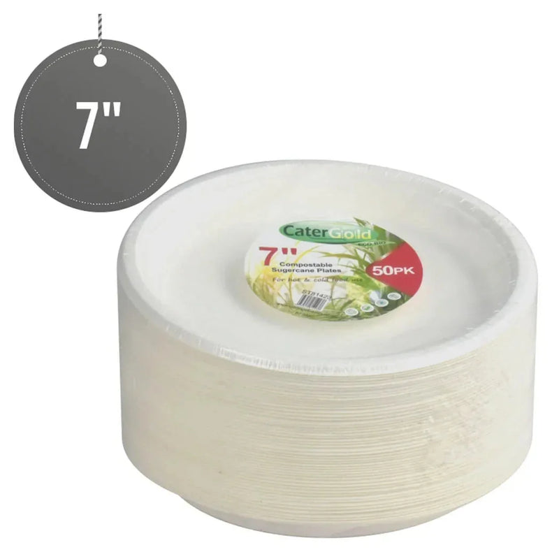 Disposable Compostable Eco – Bio Bagasse Sugarcane Plates 7" Pack Of 50
