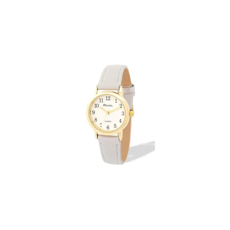 Ravel Ladies Basic Small Gilt Case White Dial Grey Leather Strap Watch